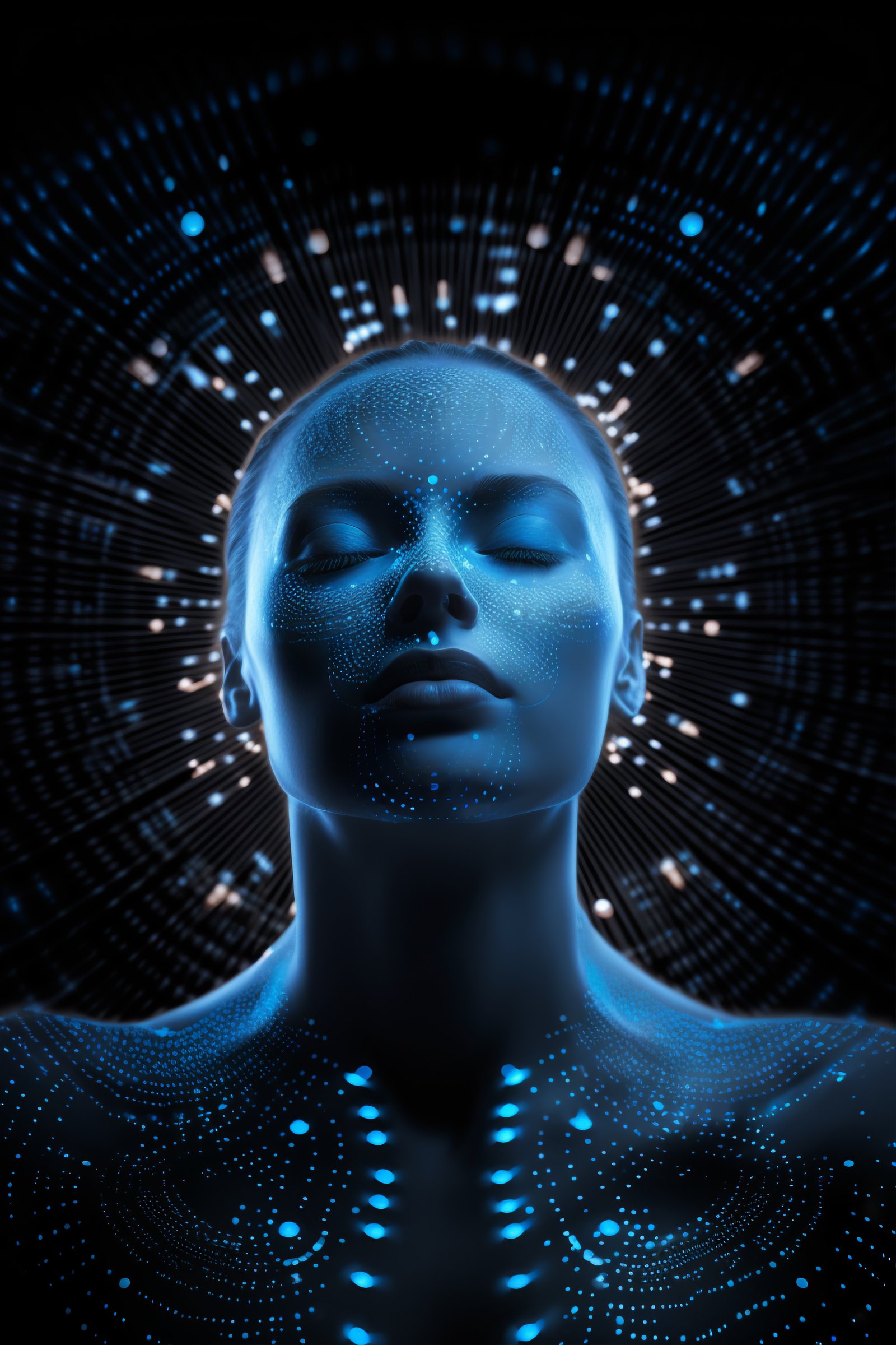 Digital human face with blue technological elements