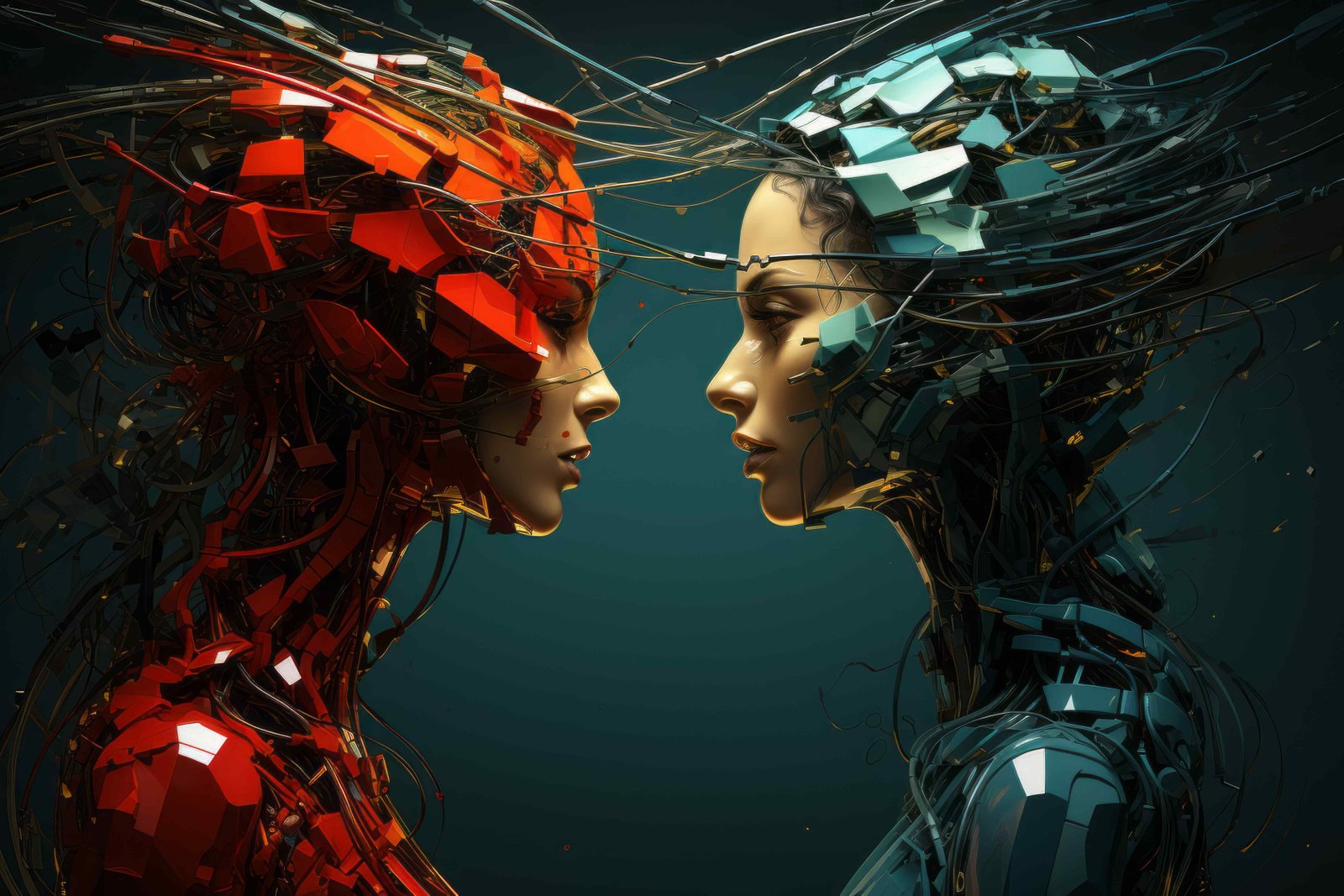Red and teal digital faces facing each other